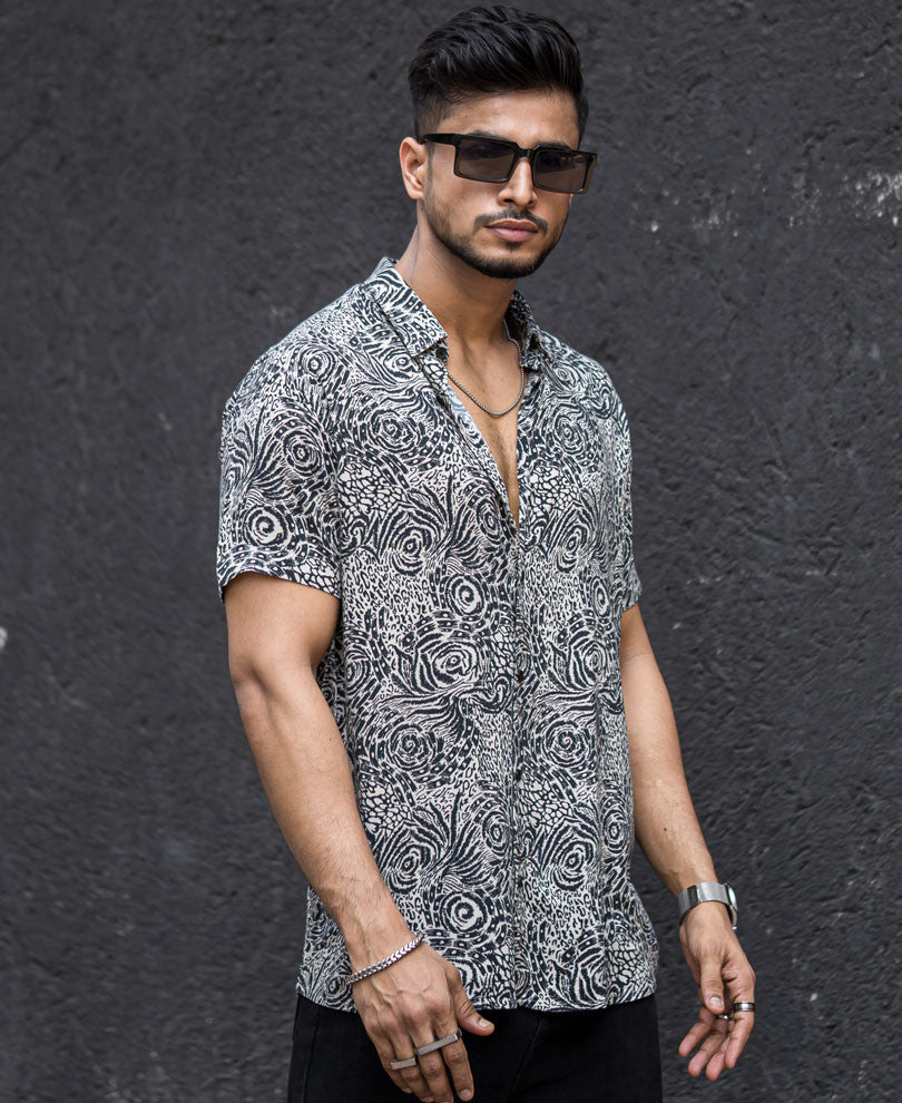 Black And White Animal Print Half Sleeves Shirt