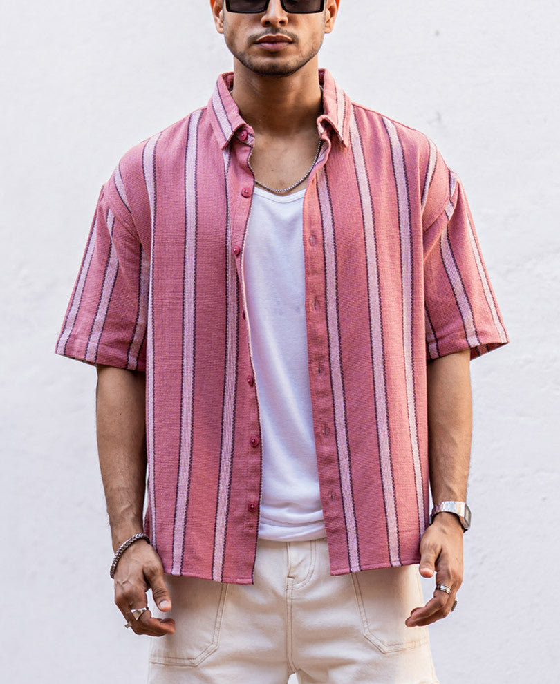 Pink Striped Structured Oversize Drop Shoulder Shirt