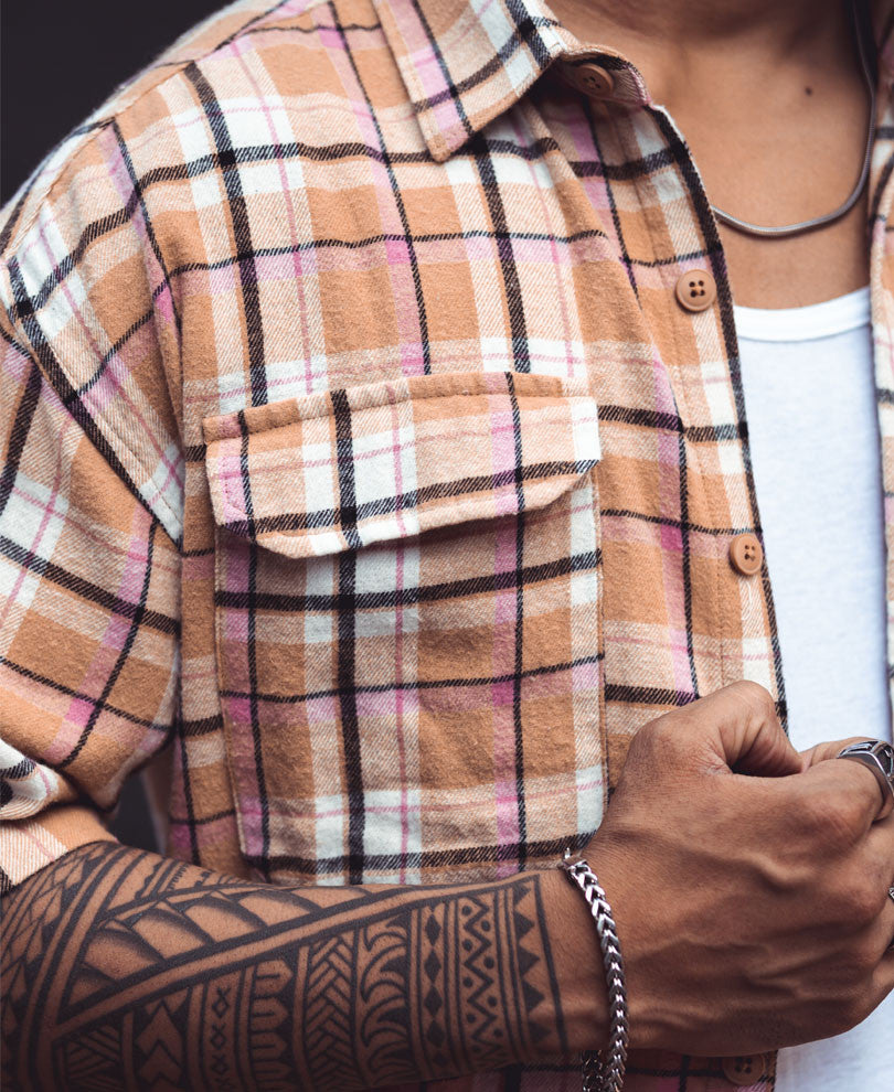Cream Flap Pocket Checks Oversize Drop Shoulder Shirt