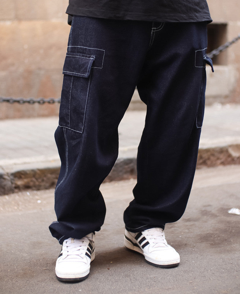 Dark Blue Contrast Stitch Carpenter Baggy Fit Jeans