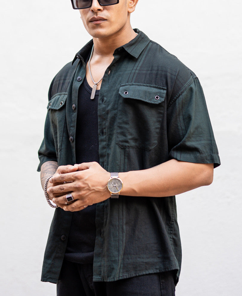 Olive Green Double Pocket Checks Oversize Drop Shoulder Shirt