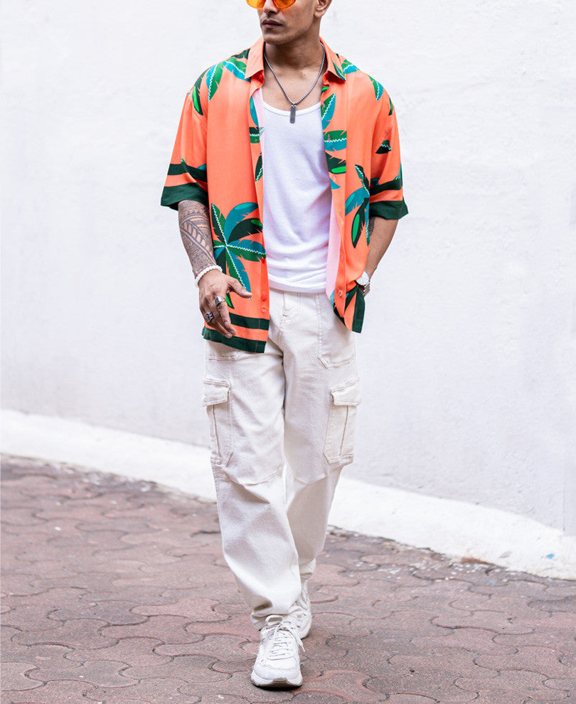 Orange Palm Leaves Print Oversize Drop Shoulder Shirt