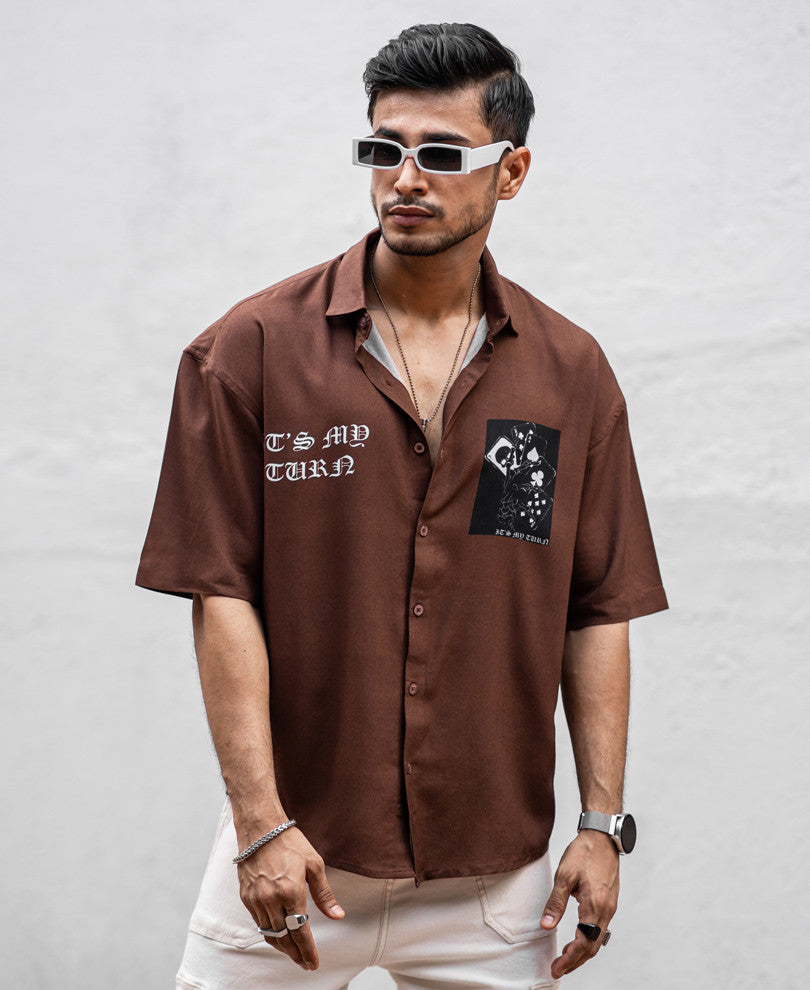 Brown It's My Turn Back Print Oversize Drop Shoulder Shirt
