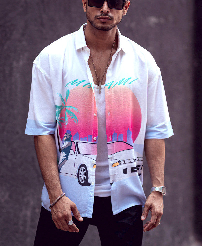 White Miami Print Oversize Drop Shoulder Shirt