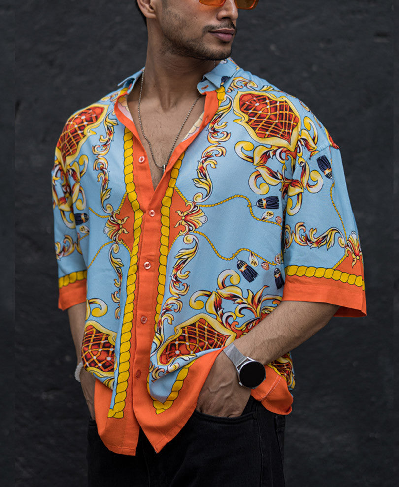Sky Blue Vintage Print Oversize Drop Shoulder Shirt