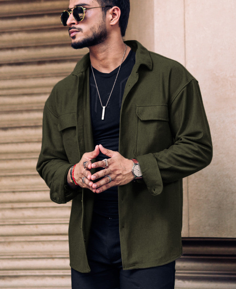 Olive Green Chest Pocket Shacket Oversize Drop Shoulder Shirt
