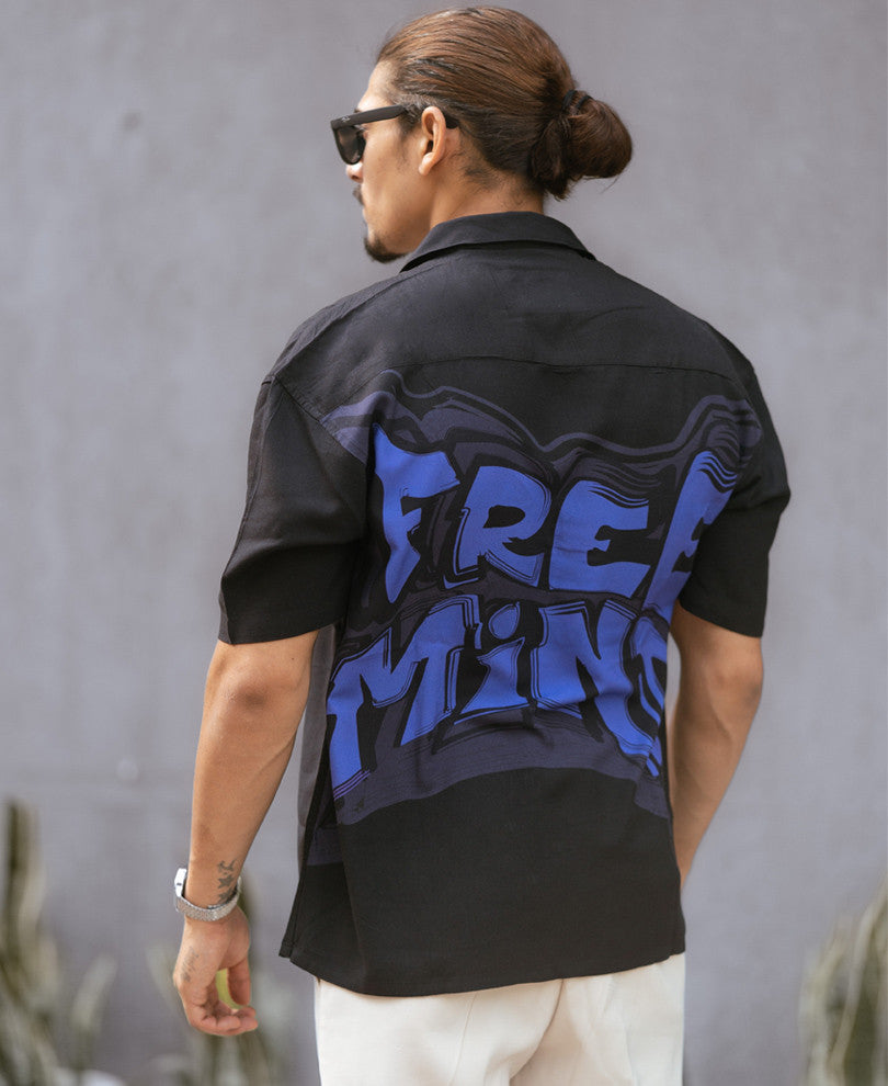 Black Free Mind Back Print Oversize Drop Shoulder Shirt
