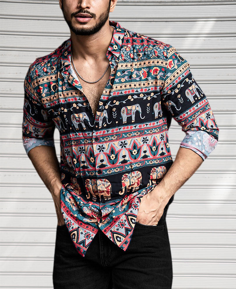Mint Green Tribal Print Full Sleeves Shirt