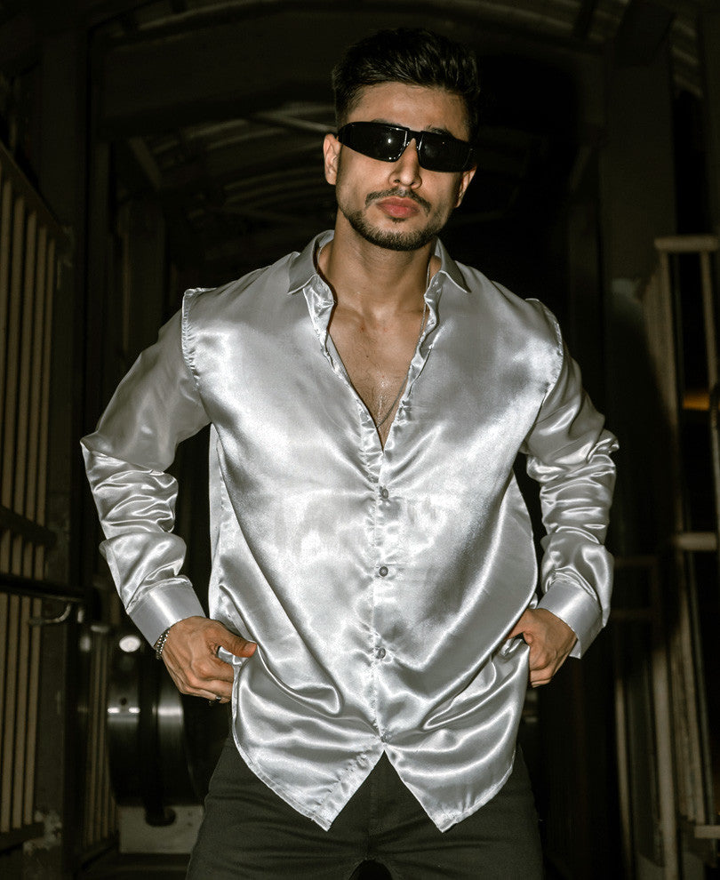 Silver Color Satin Full Sleeves Shirt