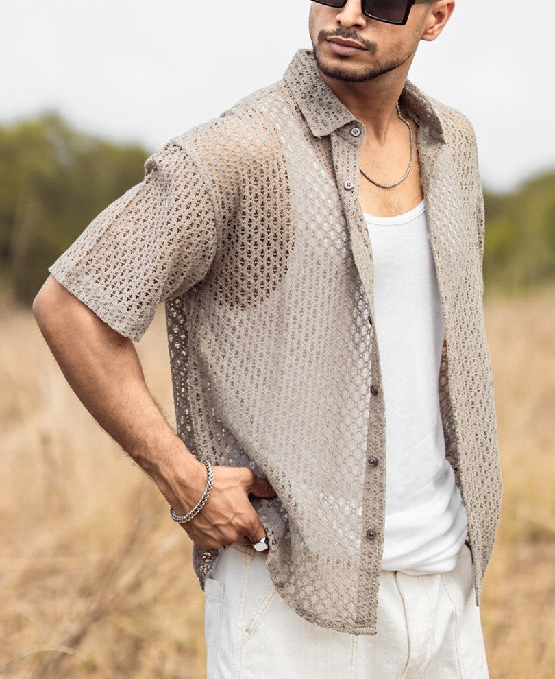 Light Grey Sheer Pattern Oversize Drop Shoulder Shirt