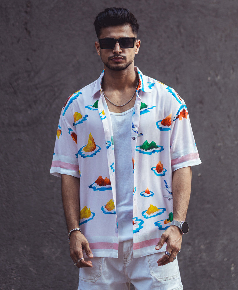 Light Pink Island Print Oversize Drop Shoulder Shirt