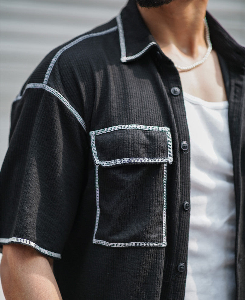 Black Contrast Stitch Oversize Drop Shoulder Shirt