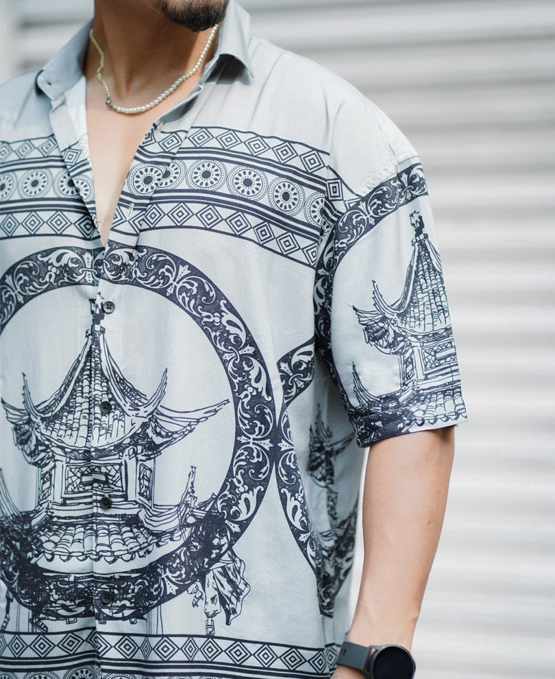 Grey Vintage Print Oversize Drop Shoulder Shirt