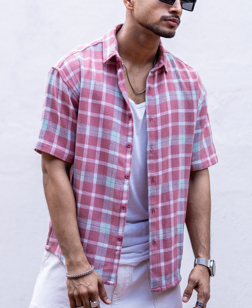 Light Maroon Checks Oversized Drop Shoulder Shirt