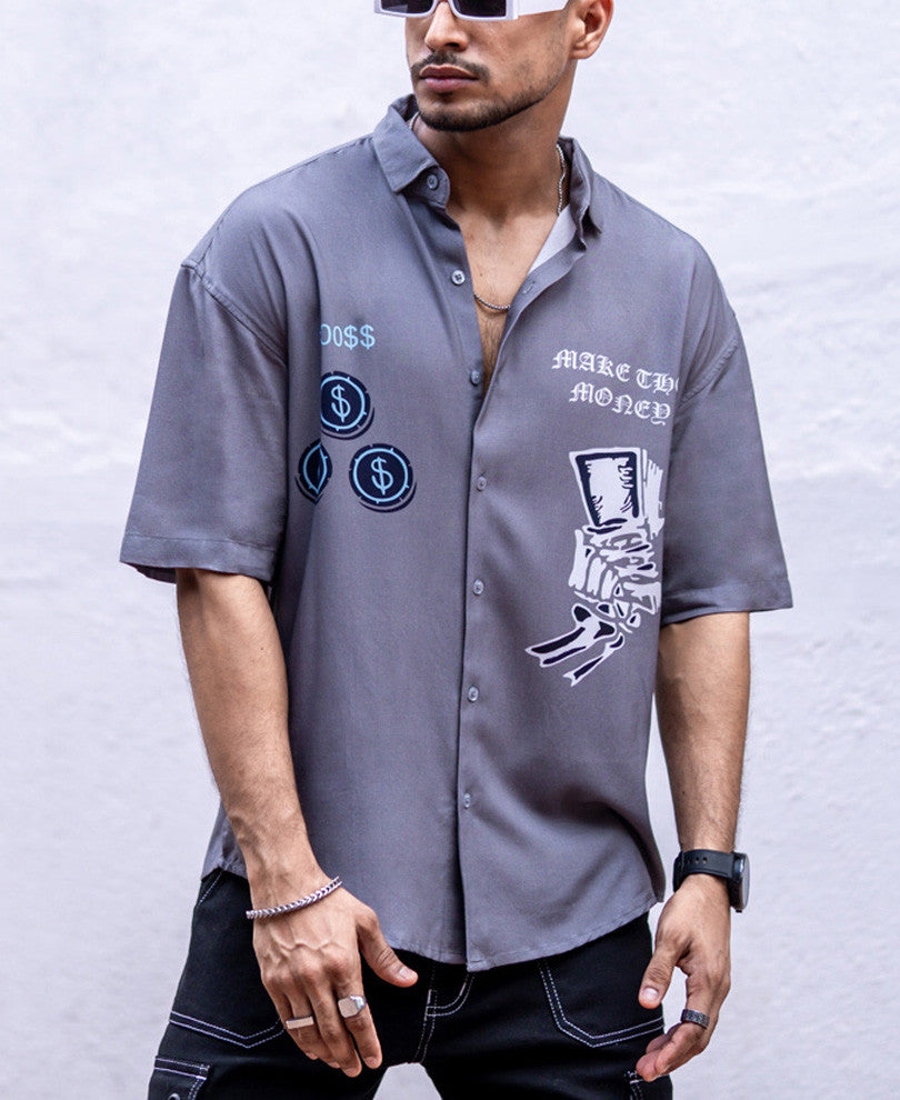 Grey King Print Oversize Drop Shoulder Shirt
