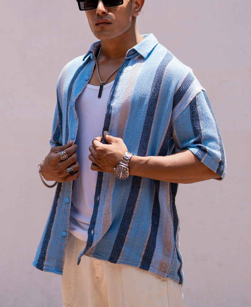 Sky Blue Striped Structured Oversize Drop Shoulder Shirt