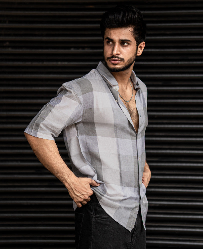Light Grey Checks Oversize Drop Shoulder Shirt