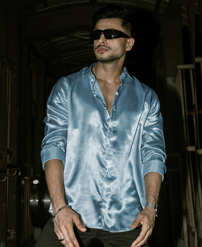 Blue Grey Satin Full Sleeves Shirt