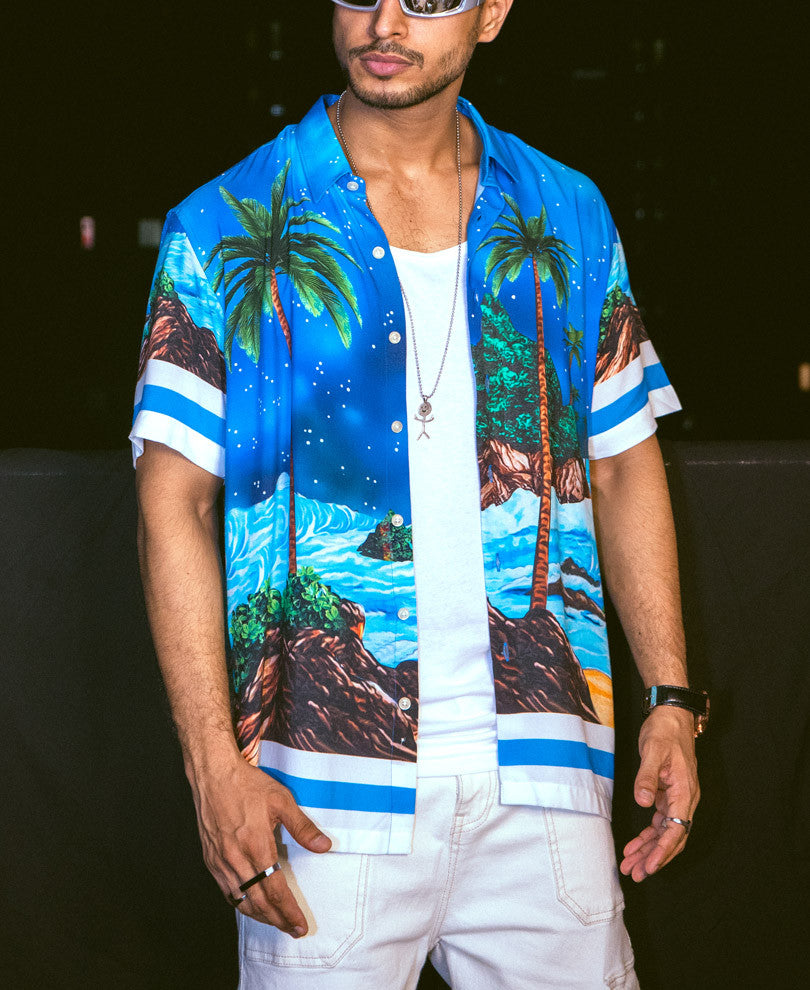 Blue Beach Print Oversize Drop Shoulder Shirt