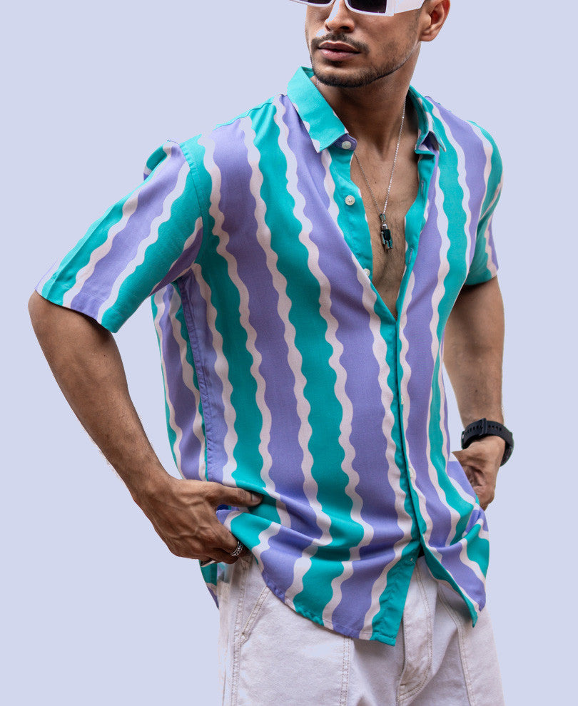 Purple And Green Striped Half Sleeves Shirt