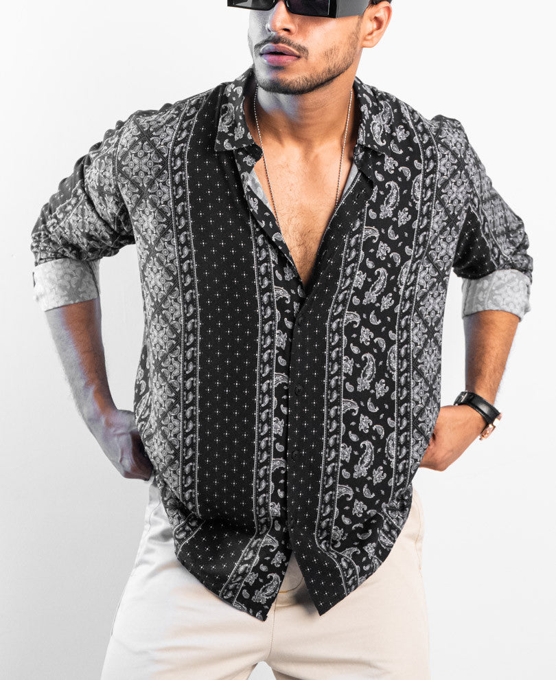 Black Ethnic Motifs Print Oversize Drop Shoulder Shirt