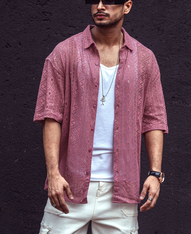 Peach Sheer Pattern Oversize Drop Shoulder Shirt