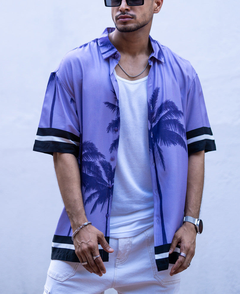 Purple Palm Tree Print Oversize Drop Shoulder Shirt