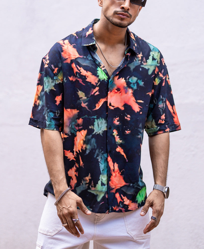 Navy Blue Tie Dye Print Oversize Drop Shoulder Shirt