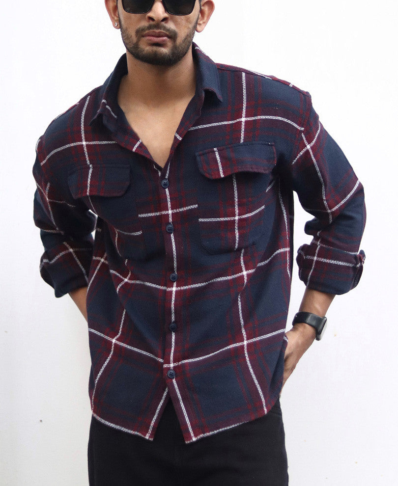 Maroon And Navy Blue Structured Checks Shacket Oversize Drop Shoulder Shirt