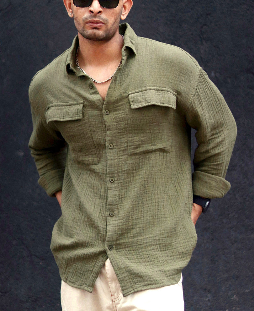Olive Green Textured Shacket Oversize Drop Shoulder Shirt