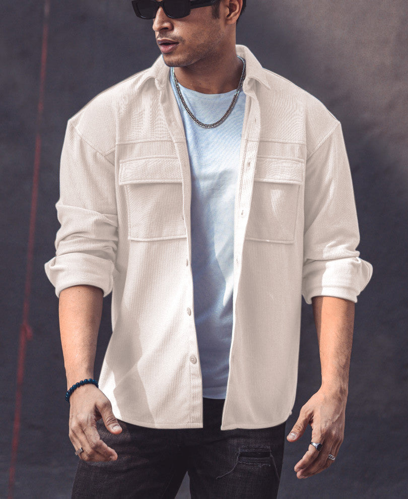 Cream Chest Pocket Shacket Oversize Drop Shoulder Shirt