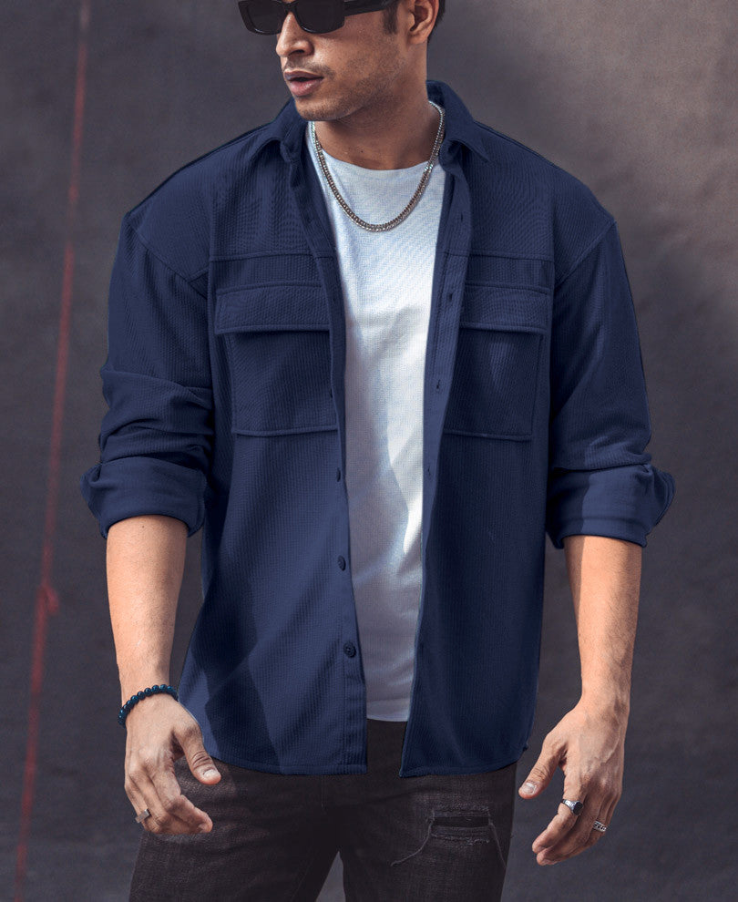 Navy Blue Pocket Oversize Shacket Drop Shoulder Shirt