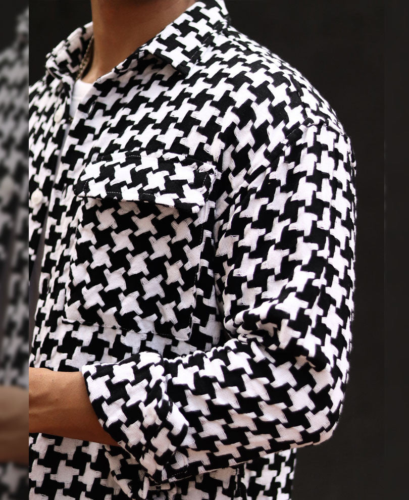 Black and White Houndstooth Printed Shacket Oversized Shirt