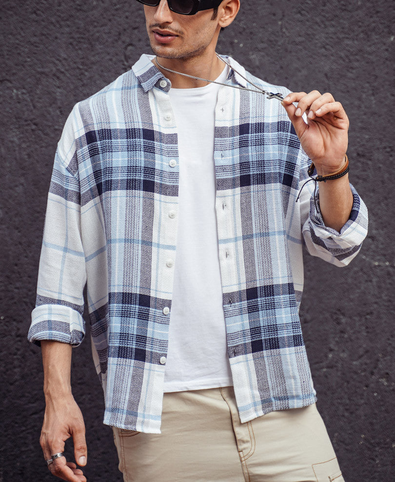 White and Blue Structured Checks Oversize Drop Shoulder Shirt