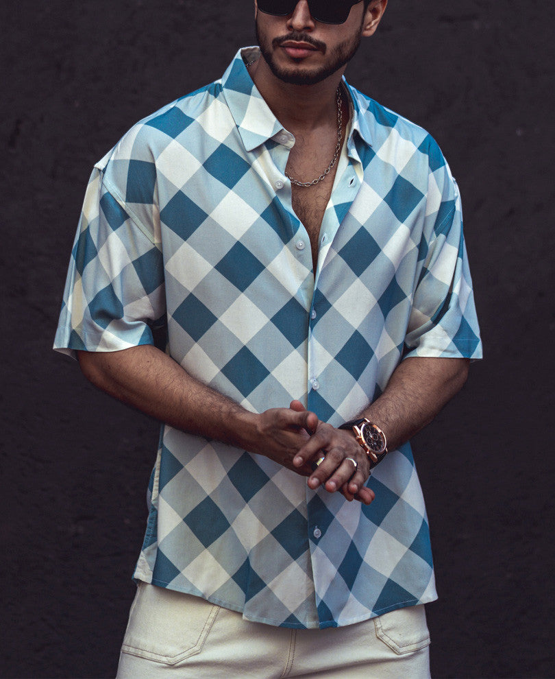Turquoise Green Checks Oversized Shirt