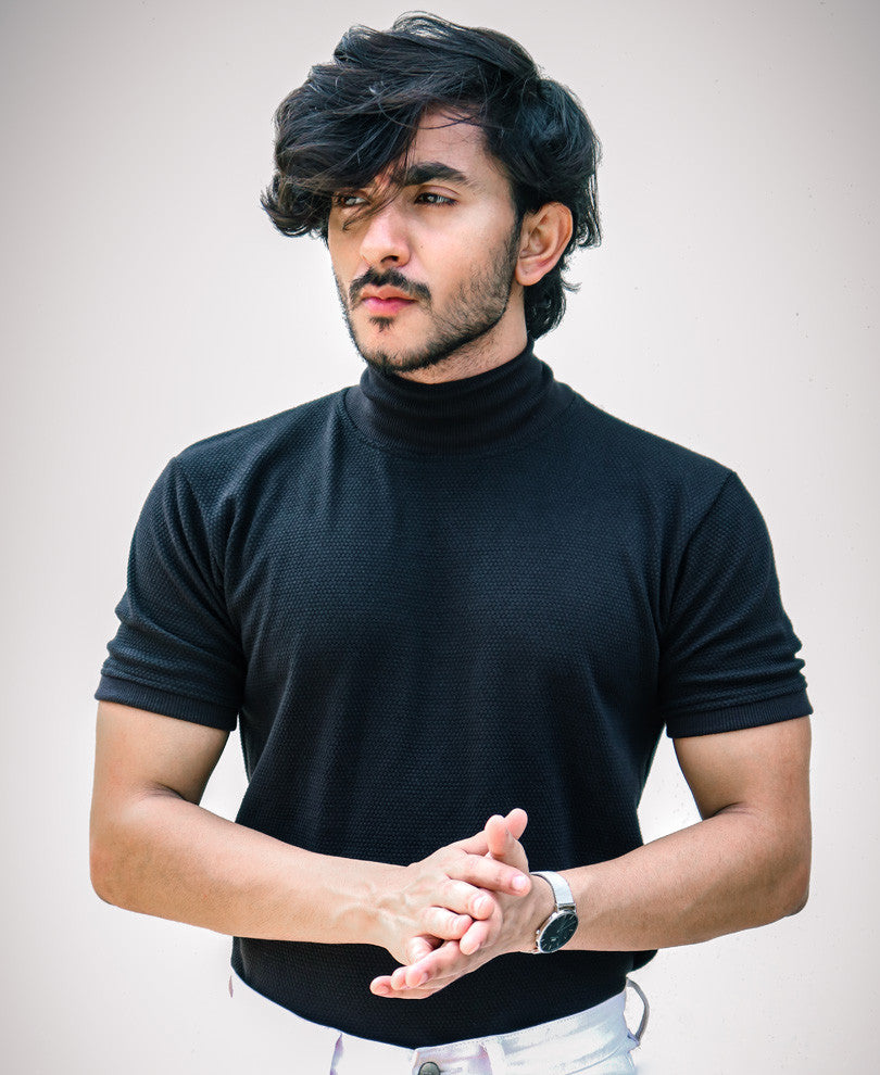 Black Plain Polo Neck Half Sleeves T Shirt