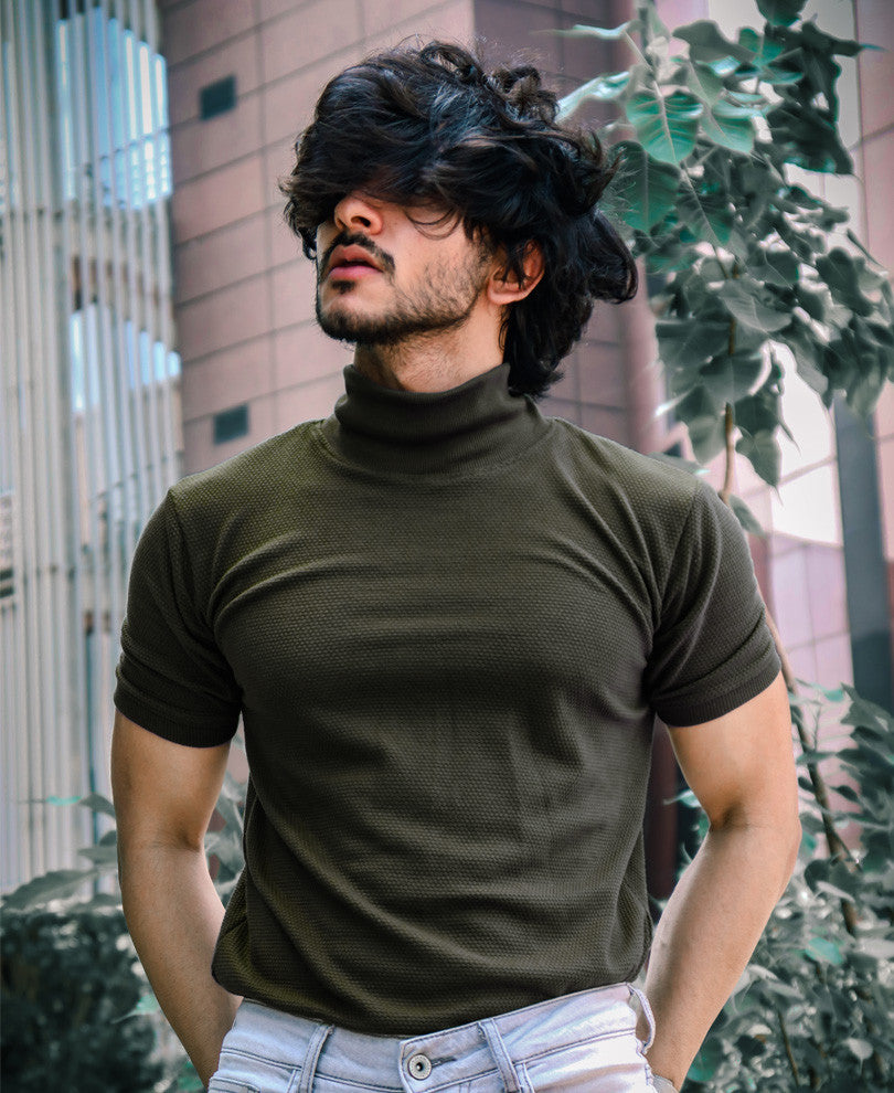 Olive Green Plain Polo Neck Half Sleeves T Shirt