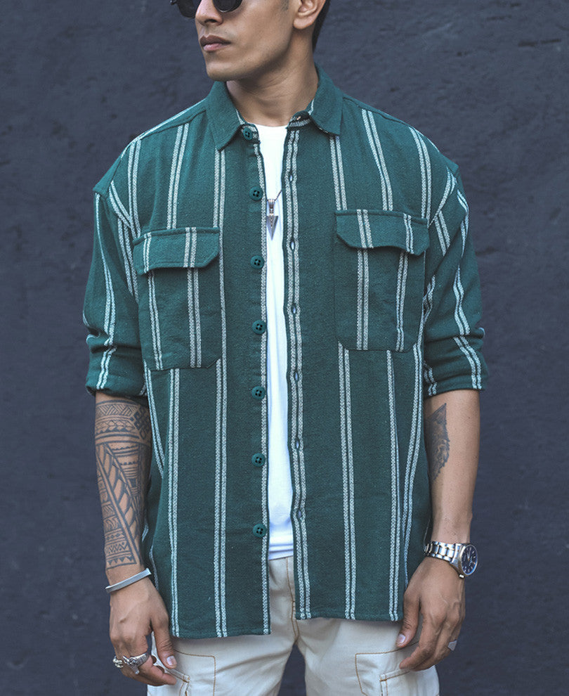 Olive Green Structured Striped Shacket Oversized Shirt