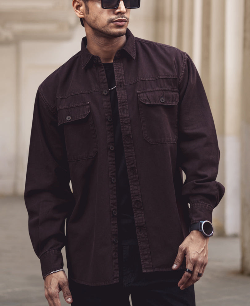 Dark Brown Denim Shacket Full Sleeves Shirt
