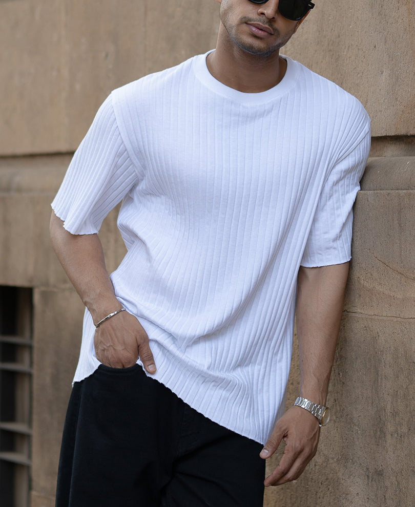 White Rib Knit T-Shirt