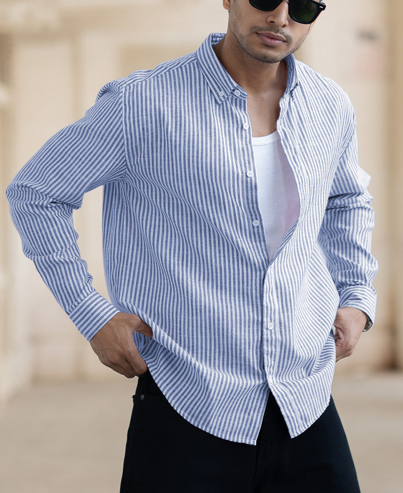 Blue And White Striped Full Sleeves Regular Fit Shirt