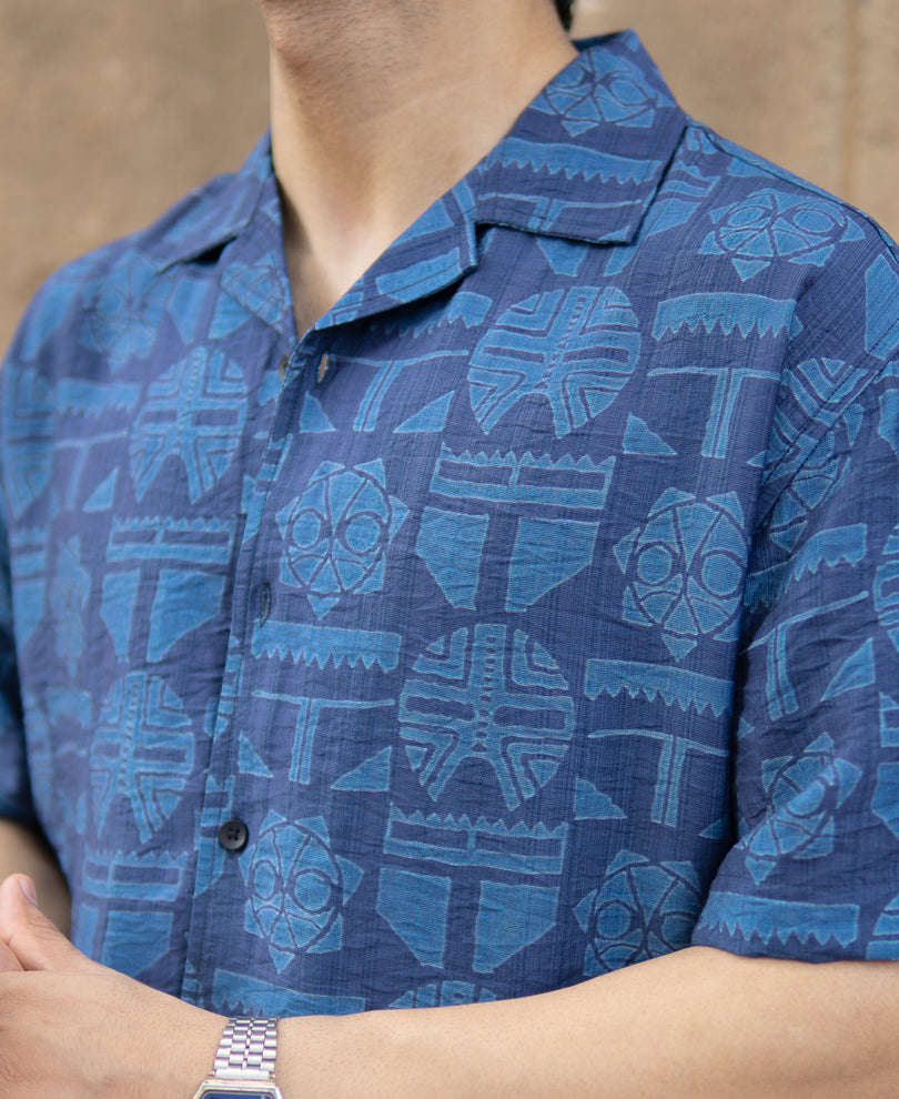 Blue Mask Print Flowy Shirt