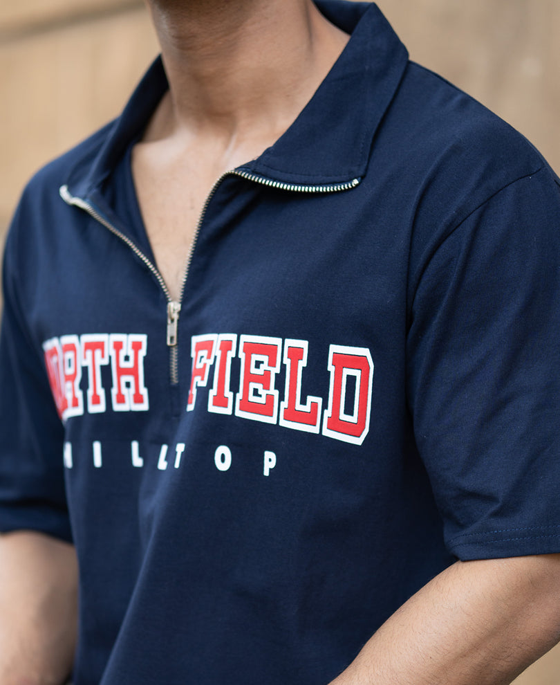 Navy Graphic Zipper Polo T-Shirt
