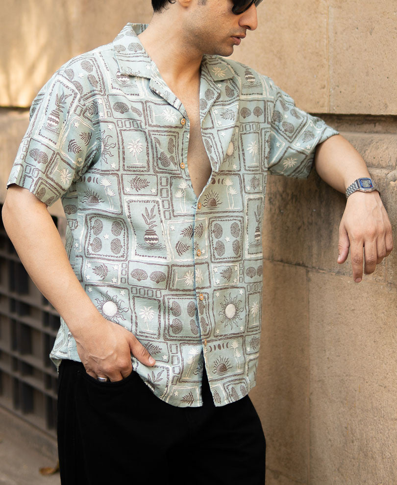 Dusty Blue Tropical Print Shirt