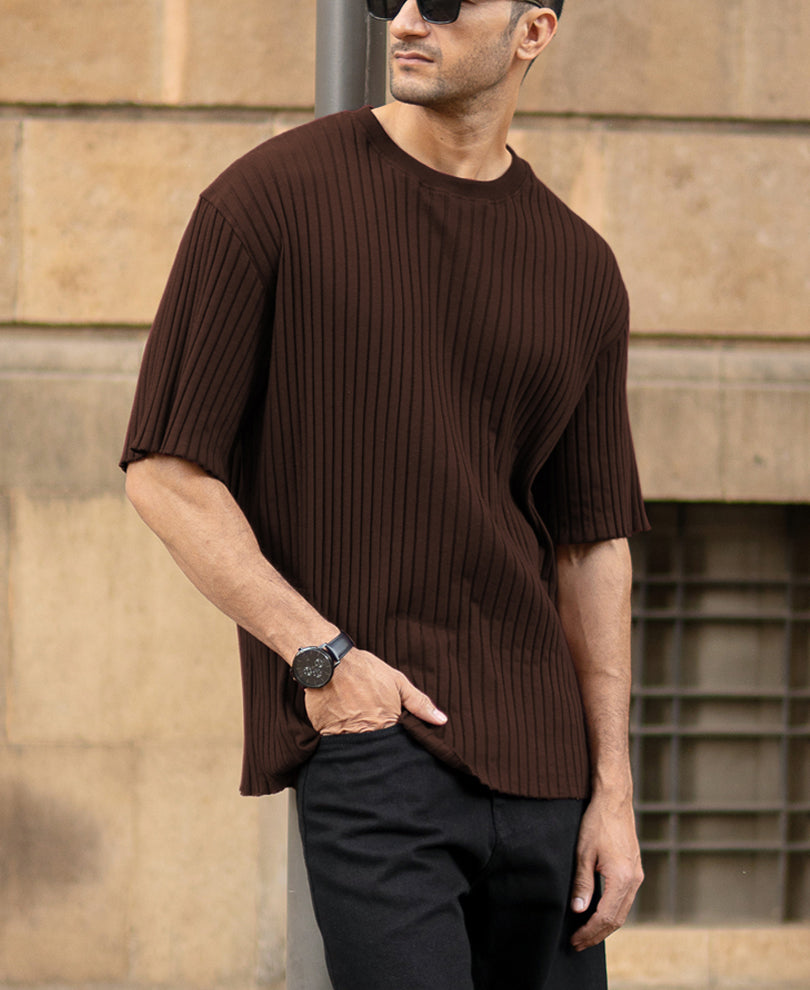 Dark Brown Rib Knit Oversized Half Sleeves T-Shirt