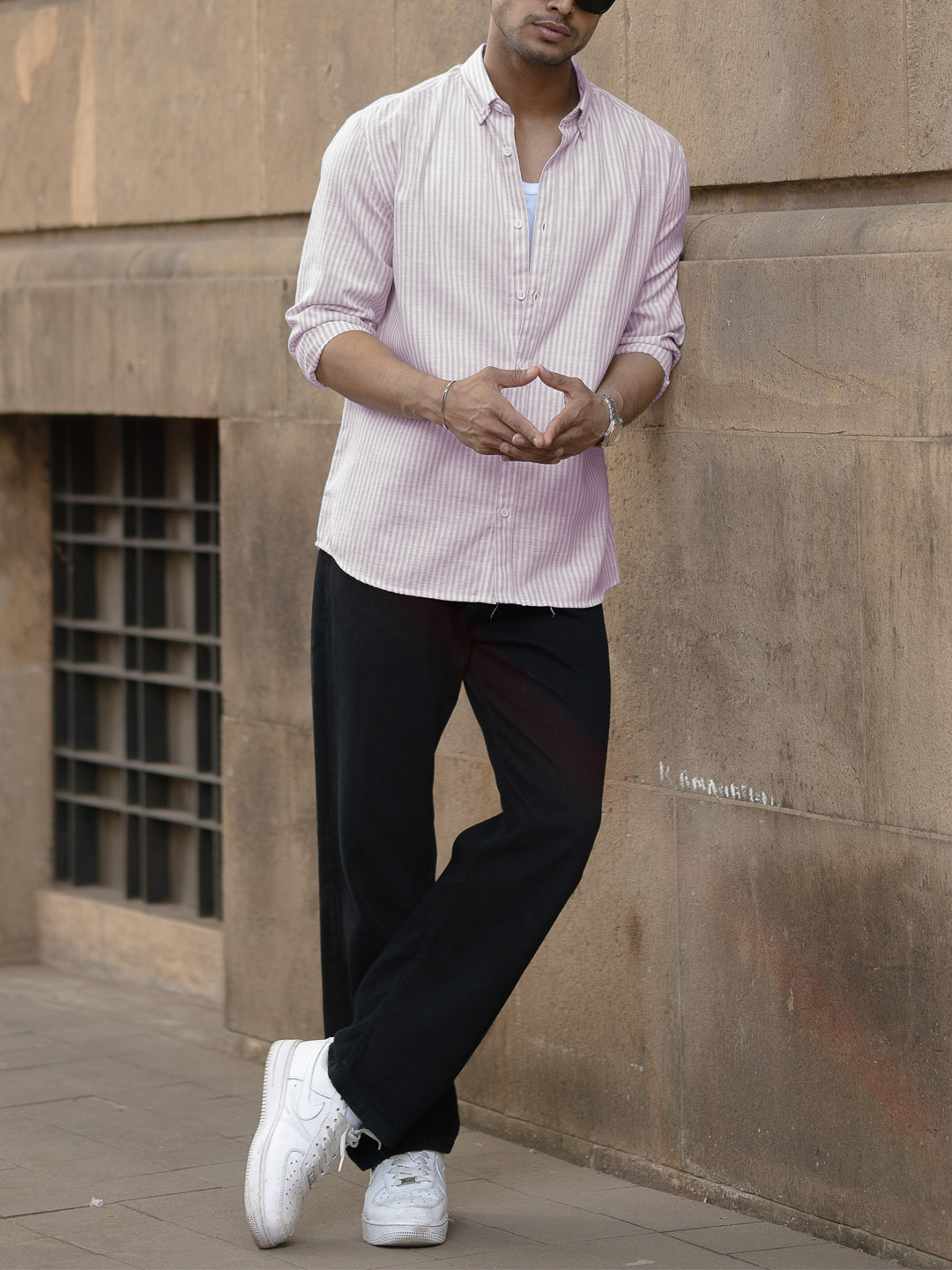 Pink And White Stripes Regular Fit Full Sleeves Shirt