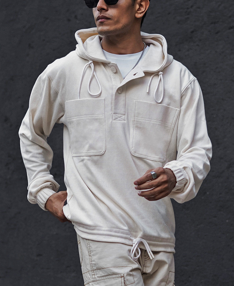 Cream Double Pocket Oversized Hoodie Sweatshirt