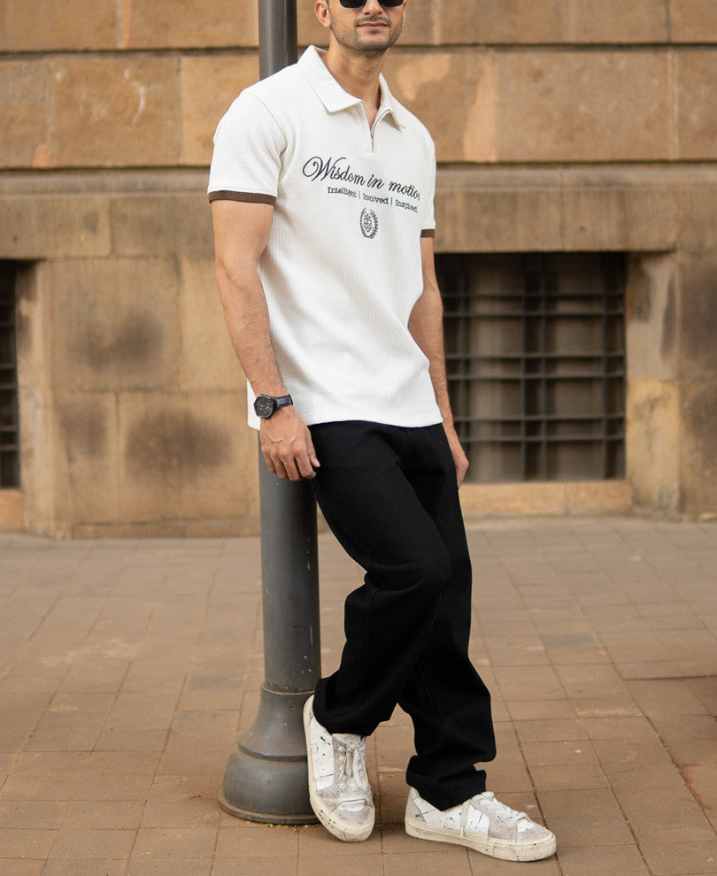 Off-White Bamboo Cord Regular Fit Half Sleeves T-Shirt