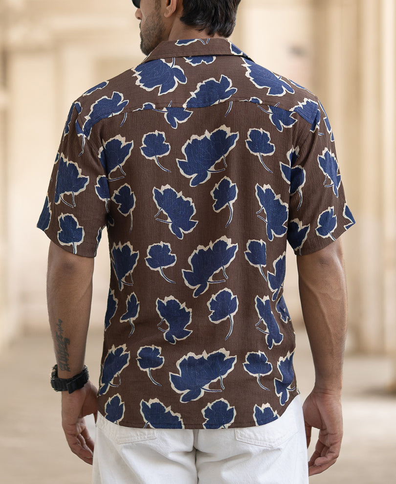 Brown Abstract Crinkled Regular Fit Half Sleeves Shirt