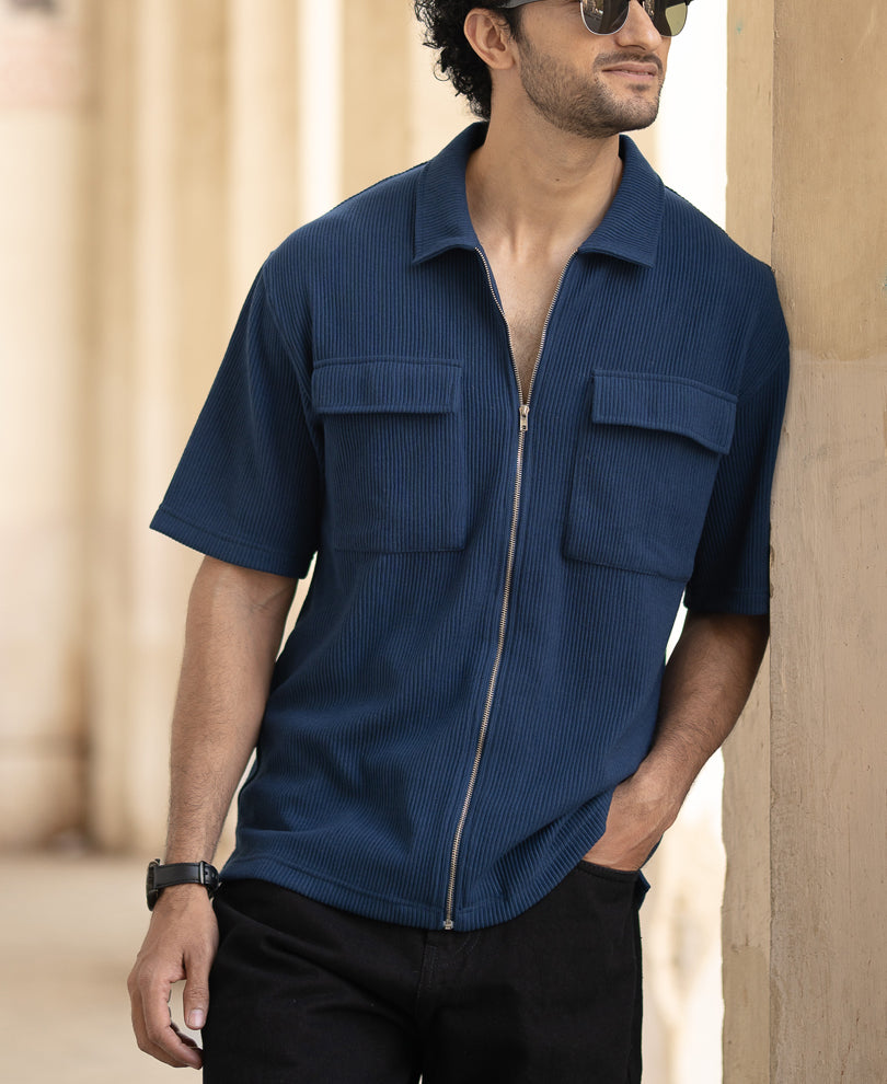 Blue Corduroy Oversized Half Sleeves Shirt